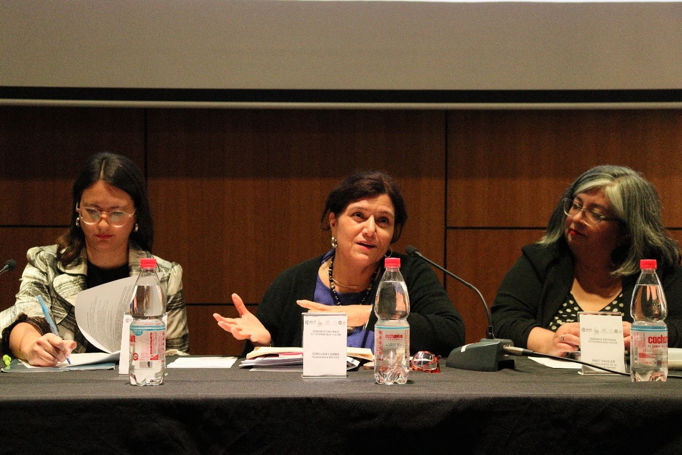 Fotografía Panel 2: (de izq a der) Irací Hassler (Diputada de la República), Paola Jirón (académica FAU Universidad de Chile, Ex presidenta del Consejo Nacional de Desarrollo Territorial) y Carolina Lizama, representante de la Fundación Mujer, Derechos y Cuidados).